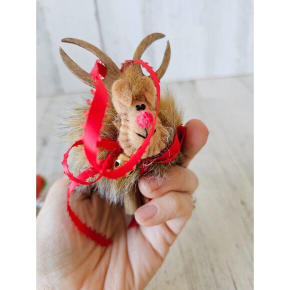 Wooden reindeer sequin beaded Santa vintage ornament Xmas set - Picture 13 of 13